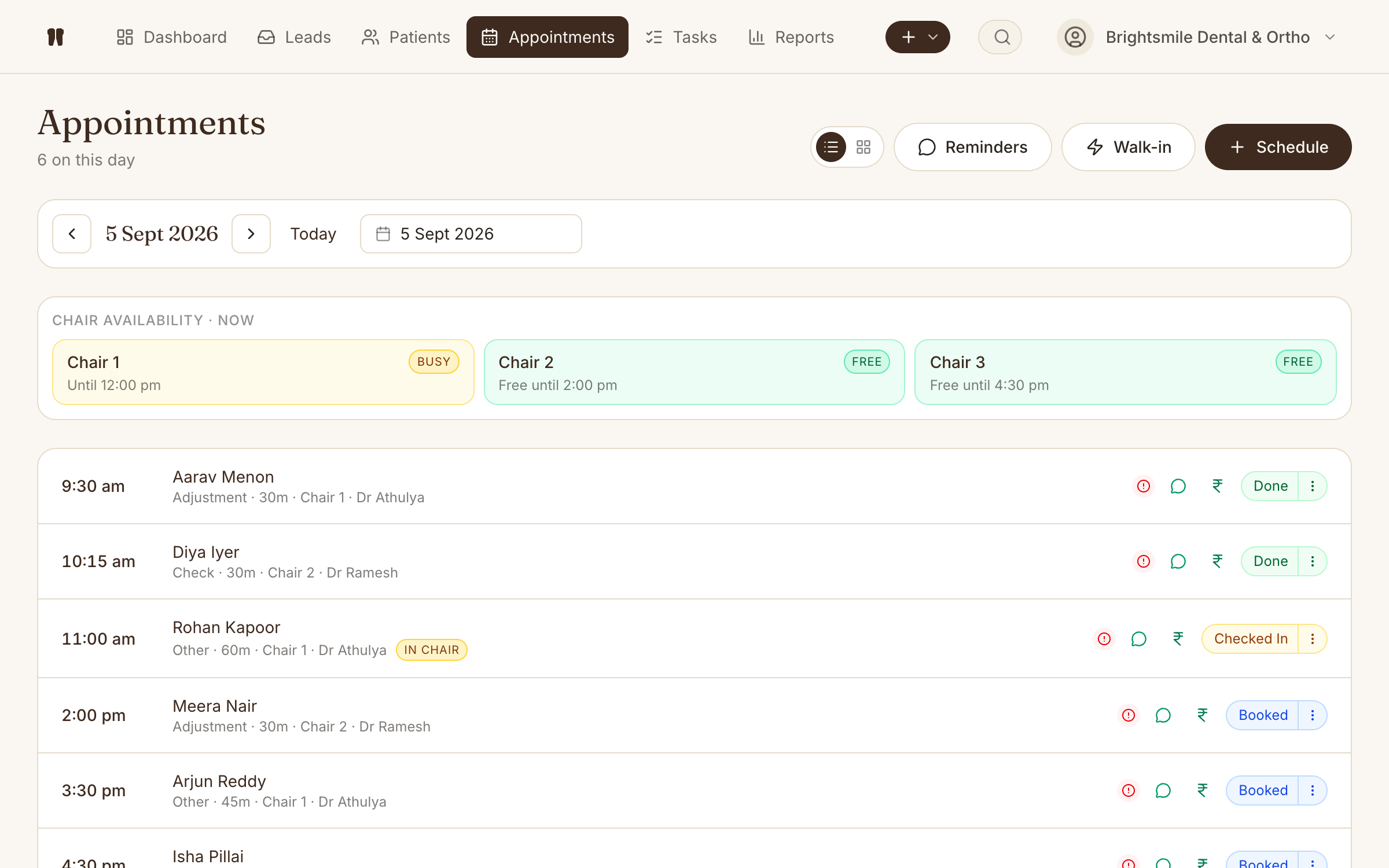 Kythro appointments page with live chair availability, walk-in triage, and one-tap status on each visit